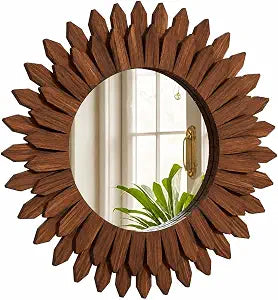 20" Walnut Round Sunburst Wooden Mirror Boho Rustic Wall Decor