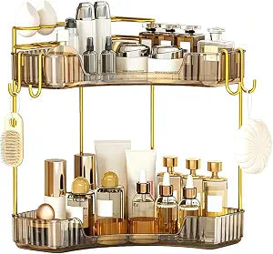 2-Tier Corner Bathroom Counter OrganizerMakeup & Skincare Shelf with Built-in Brush HolderSpace-Saving Bathroom Countertop Organizer for Skincare, Perfume, Cosmetics(Amber)