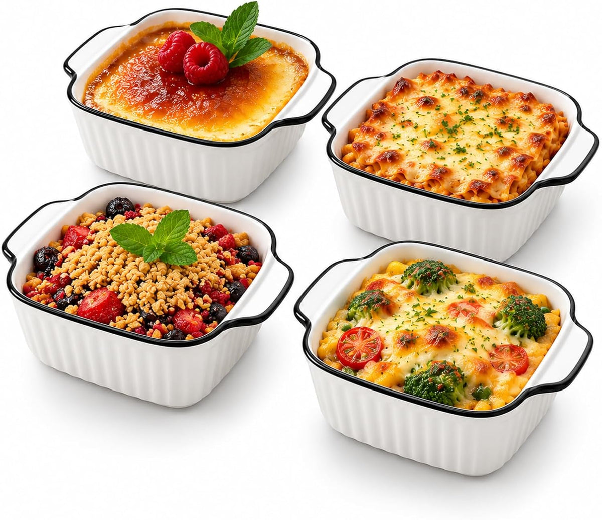 Maxdot 4 Pack Small Baking Dish, Square Ceramic Casserole Dish with Handles