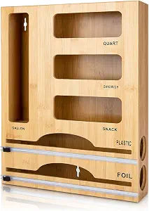 Storage Bag Organizer with Foil and Plastic Wrap Organizer , Aluminum Foil Dispenser with Cutter, Bamboo 6 in 1 Baggie Organizer Suitable for Gallon, Quart, Sandwich, Snack