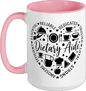 Dietary Aide Kitchen Crew Women Men Birthday Lunch Lady Ceramic Mug, Pink/White, 15oz