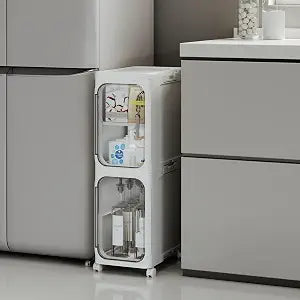 Narrow Slim Bathroom Storage Cabinet with Wheels, 2-Tier White