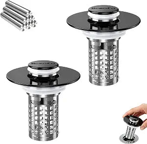 Bathroom Sink Drain Strainer (2Pack), Stainless Steel Pop-up Strainer Basket Hair Catcher with Removable Basket, Brass Bullet Core, Universal Fit 1.1-2.36 Inch