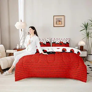 7 Pcs Ladybug Kids Comforter Twin,Red Black Ladybird Beetle Insect Rustic Girls Boys Bedding Set,Geometric Polka Dots Abstract Cartoon���Comforter+Fitted+Sheet+2 Pillowcases+2 Throw Pillow Covers���