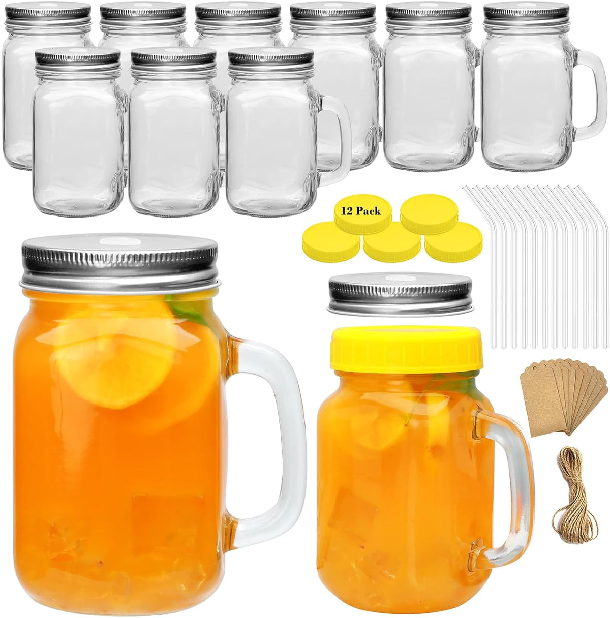 QAPPDA 16oz Mason Jars with Handle, Glass Mugs with Straws and Lids 12 Pack