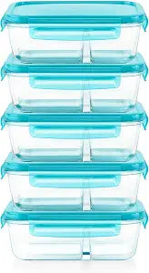 Pyrex Glass Meal Box (5-Pack, 4 Cup) Divided Compartments, Locking Lids