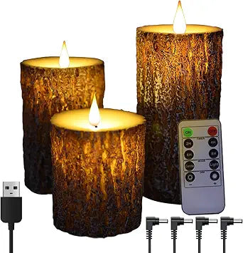 NICEME Rechargeable LED Pine Bark Flameless Candles with Timer Remote USB Cable, Brown Real Wax USB Candles Flickering Fireplace Cabin Decor Electric Fake Battery Pillar Bark Candles, D 3H 456