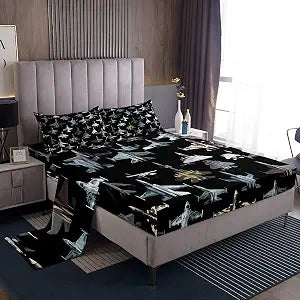 Erosebridal Modern Airplane Bed Sheets Set King Size, Fighter Aircraft Sheet Set for Kids Boys Youth Men, Camo Military Jet Print Sheets, Army Fighter Jet Flat Fitted Sheet, Black