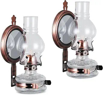 2 Pieces Large Wall Oil Lamp Vintage Glass Kerosene Lamp 7/8 Wick Antique Decorative Wall Mounted Oil Lamps for Indoor Use Emergency Lighting Hurricane Lamp with Mirror Oil Lantern