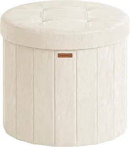 SONGMICS Storage Ottoman Round PU Vanity Stool, 18.5 x 18.5 x 17.7 Inch