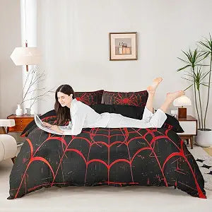 Manfei Spider Web Duvet Cover Set Queen Size, Red Spider Arachnid Animals Print Bedding Set 3pcs, Gothic Halloween Theme Black Quilt Cover, Kids Boys Girls Room Decor, 2 Pillowcases, No Comforter