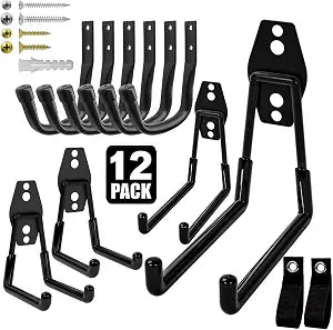 Heavy Duty Wall Garage Hooks, Steel Anti-Slip Utility Hooks Storage Organization Hangers for Ladders, Bikes, Hose, Garden Tools, Coats, Bags with Mounting Hardware Kit (Black, 12 Pack)