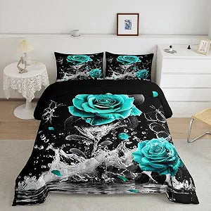 Feelyou Teal Rose Bedding Set Full Size for Adult