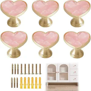 6PCS Pink Heart Shaped Cabinet Knobs, Gold Zinc Alloy Drawer Pulls Handles, Decorative Single Hole Hardware for Girls Bedroom Dresser, Wardrobe, Kitchen Cupboard, Bathroom Furniture Decor