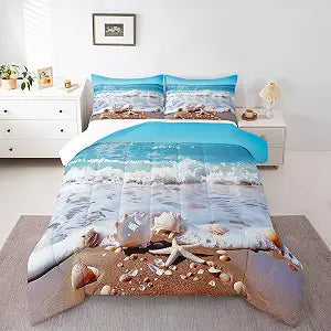 Homewish Sea Beach Comforter Set Full Size,Coastal Tropical Bedding Sets 3Pcs for Kids Girls Boys Women Room Decor,Shell Starfish Duvet Insert Ocean Waves Down Comforter,2 Pillowcases