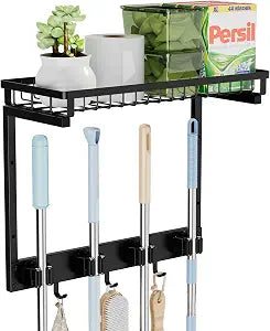 Broom Holder Wall Mount, Mop Organizer with Cleaning Tools Storage Shelf