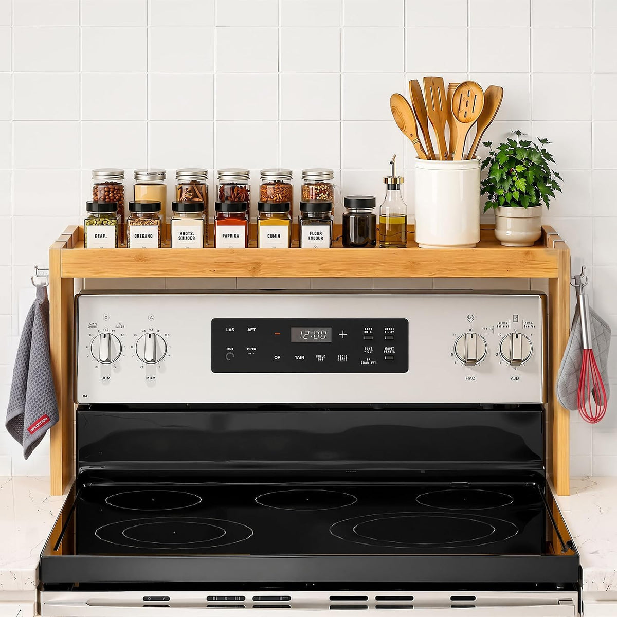 Sevenblue Bamboo Over the Stove Shelf, 32.5" Spice Rack with 6 Hooks
