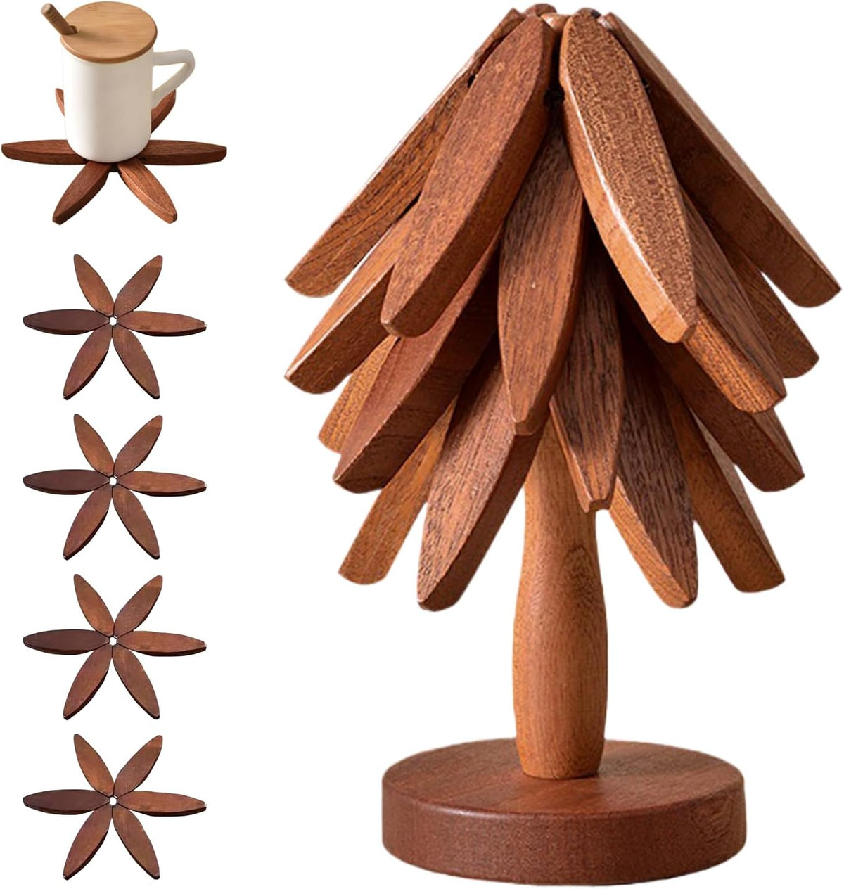 Wooden Trivets for Hot Dishes, Tree Shape Trivet Set, 4 Walnut Wood + 1 Stand stored Like a Christmas Tree,Foldable Kitchen Wooden Trivet,for Hot Dishesã€Potã€Bowlã€Teapotã€Hot Pot Holder(Brown)