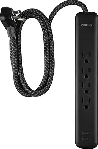 Philips Surge Protector Power Strip with USB Ports, 4 Ft Braided Extension Cord, 450 Joules, 4 Outlet Extender, 2-USB-C, Flat Plug, Home Office Dorm Essentials, Black, SPP6285B/37