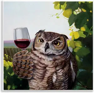 Owl Drinking Red Wine Humor, 12 x 12 Inch Mounted Print on Wall Plaque
