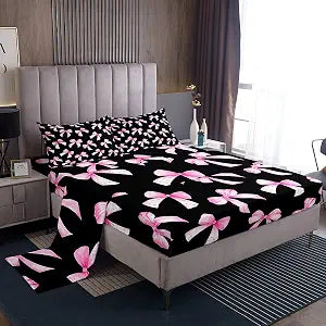 Feelyou Pink Black Bow Bed Sheets Set Twin Size Cute Dreamy Princess Style