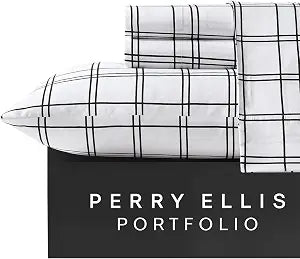 Perry Ellis Portfolio - Sheet Set, Wrinkle Resistant Bedding with Matching Pillowcases, Lightweight & Breathable Sheets, Dorm Room Essentials, Plaid Home Decor (Malo White/Black, Full)