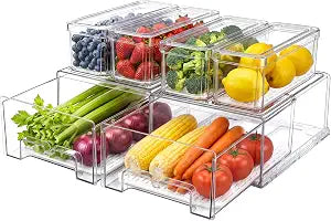 6Pack Fridge Organizers and Storage with Drain Trays,BPA-Free PET,Stackable