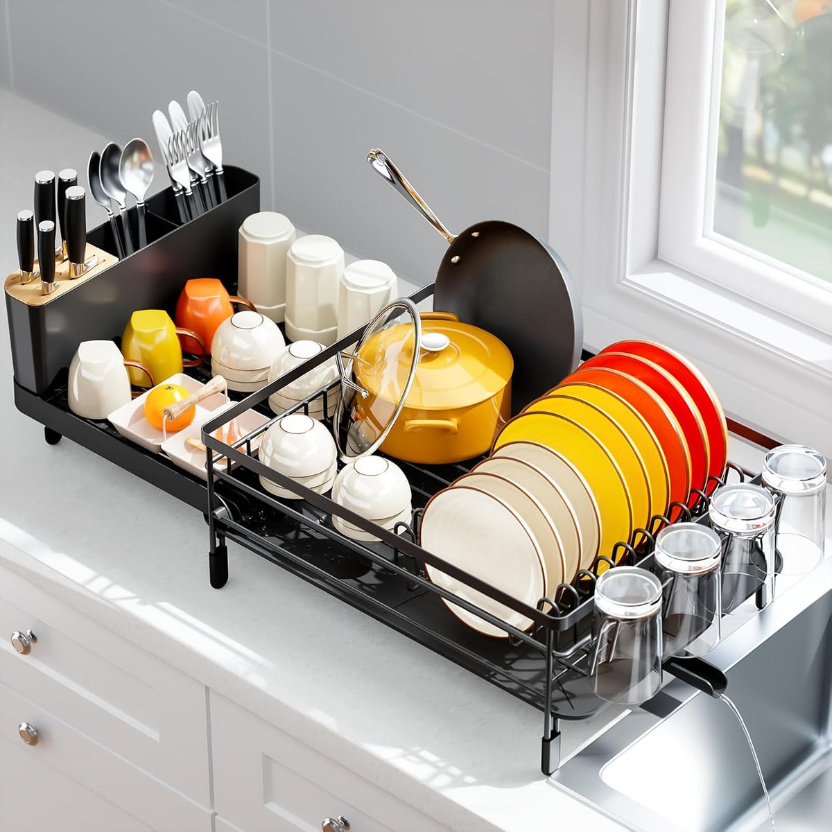 Urackify Extendable Dish Drying Rack, 18.5"-26.7" L x 12.7" W, Black
