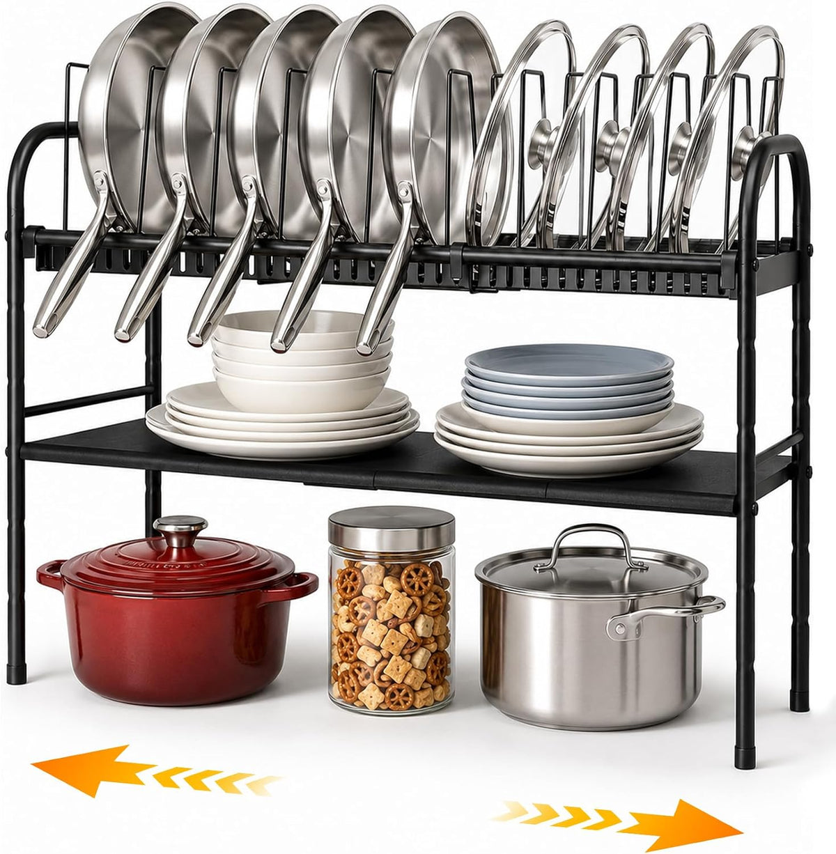 Pots and Pans Organizer Under Cabinet, Expandable 2 Tier Pot Rack