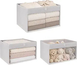 WUIKE Closet Storage Bins with Clear Window, Beige, Large, 3-Pack