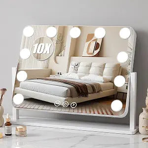 Vanity Mirror with Lights, 17"12" Hollywood Makeup Mirror with 11 Dimmable Bulbs, 3-Color Lighting, Dimmable, 360 Rotation, 10x Magnification, Desk Mirror, Bedroom (White)