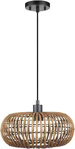 Globe Electric x Novogratz 61063 1-Light Pendant Light Fixture, Rattan Shade, Black Socket, Braided Fabric Cord, Living Room Pendant Light, Dining Room Fixture, Kitchen Island Lighting