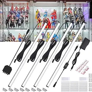Martronic 4-Pack 12 Inch LED Display Case Lighting Kit, Black Dimmable Bookshelf Light Bars with 12V Power Adapter, 6000K Bright White, Plug-in Slim Lights for Shelves, Curio Cabinets, and Bookcases