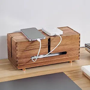 SARUFO Acacia Wood Cable Management Box - Wooden Cord Hider with 4 Metal Feet, Organizer for Desk & Floor, Power Strip TV Wire Concealer, Under Desk Storage for Office, Home Electrical Cables