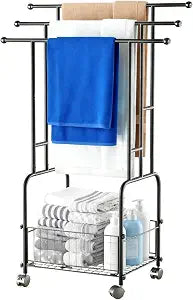 42 inch Stocking Holder Stand, 4-Wheel Movable Free Standing Towel Rack, Trapezoidal Design Bathroom Pool Storage Rack, Detachable with Storage Basket, Suitable for Indoor/Outdoor Travel