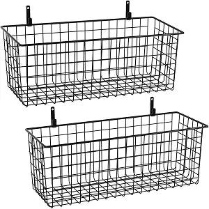 Kinlink 2 Sets Black Extra Large Hanging Wall Basket with Steel Hooks