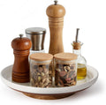 Ceramic Lazy Susan Turntable Organizer, 10.3 Inch Round Rotating Tray with Acacia Wood Base, White Speckled Glazed Spice Rack for Kitchen Countertop, Dining Table,Farmhouse Decorï¼ŒKhaki White
