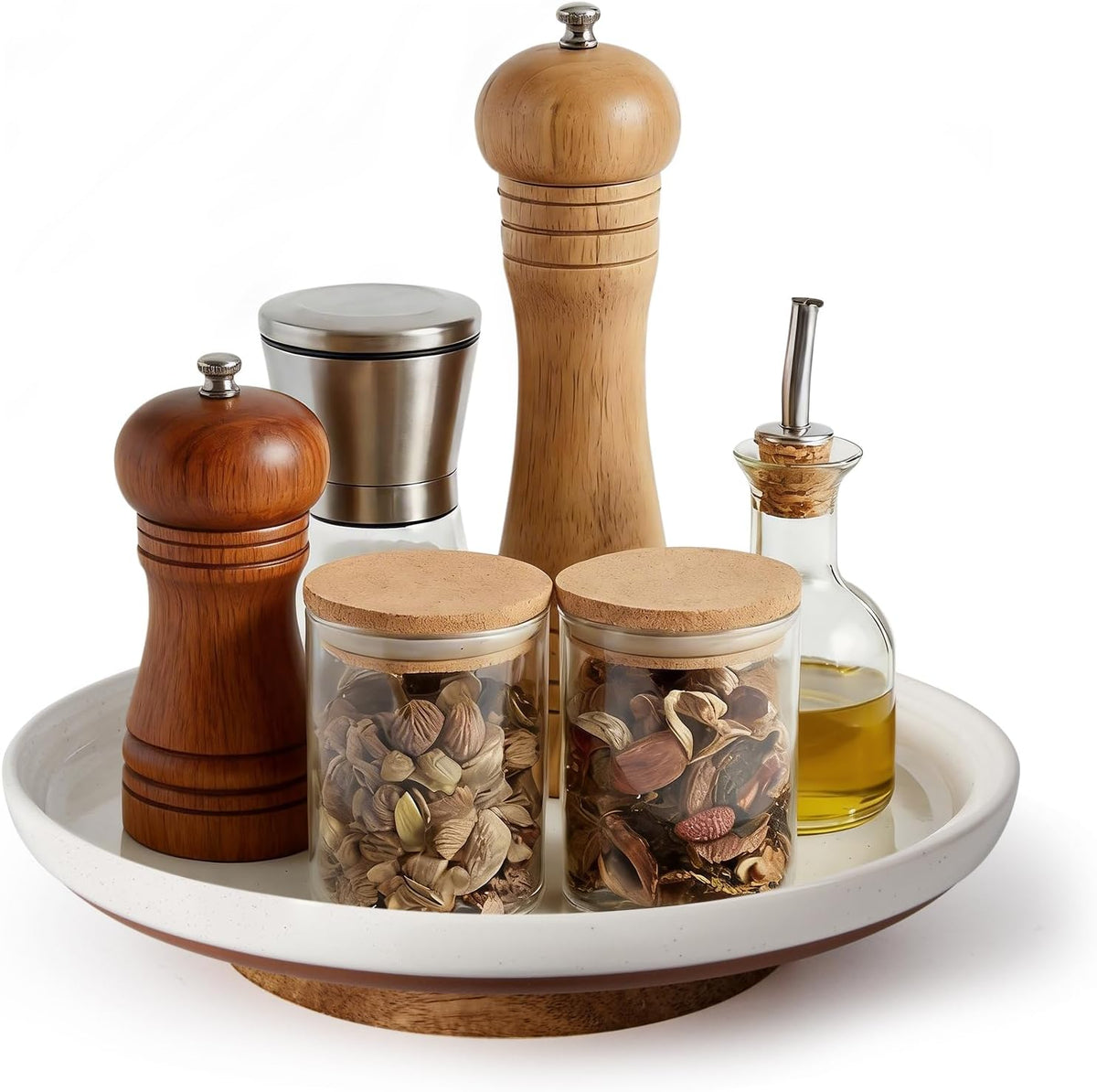Ceramic Lazy Susan Turntable Organizer, 10.3 Inch Round Rotating Tray with Acacia Wood Base, White Speckled Glazed Spice Rack for Kitchen Countertop, Dining Table,Farmhouse Decorï¼ŒKhaki White