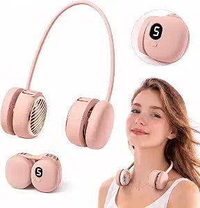 Portable Pink Neck Fan, Hands Free Wearable Personal Fan with 5 Speeds, Rechargeable Cooling Neck Fans, 360 Flexible Lightweight Small Fan for Girl, Travel, Home, Office, Outdoor