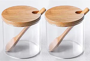 Glass Condiment Canister Pots Set, Salt Sugar Spice Storage, 10oz, 2 PCS