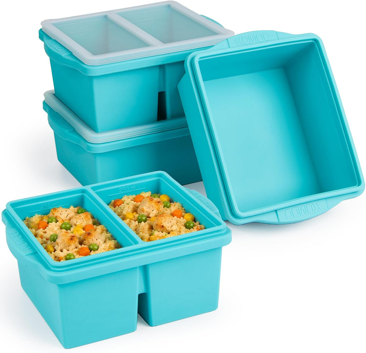 XOMOO Silicone Freezer Trays with Lids, 1 & 2â€‘Cup Portion, 4 Pack
