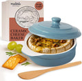 Muldale Ceramic Camembert Baker with Lid and Wooden Spreader - Brie Baking Dish Set for Entertaining - 5.5" Oven Safe Blue