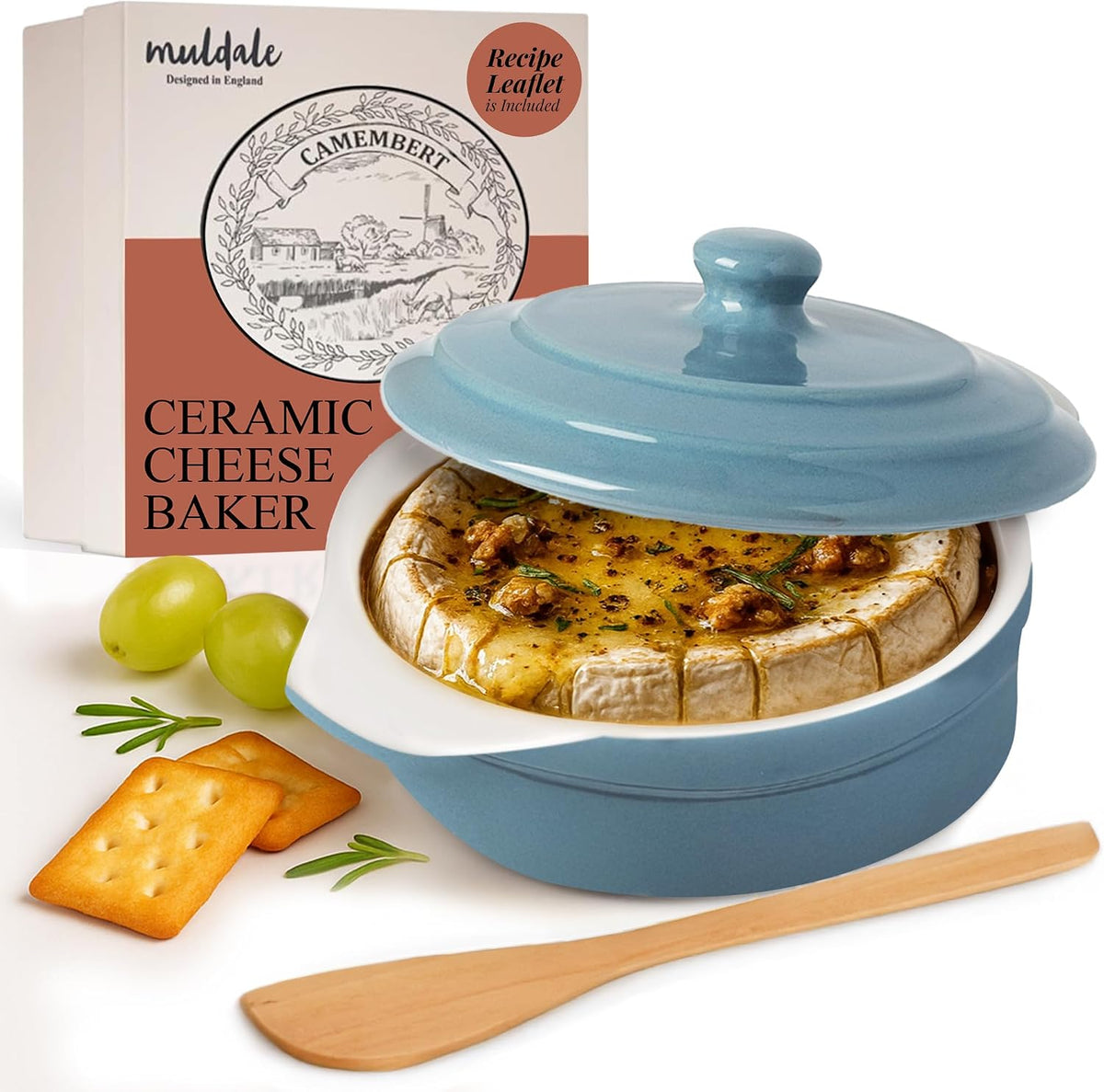Muldale Ceramic Camembert Baker with Lid and Wooden Spreader - Brie Baking Dish Set for Entertaining - 5.5" Oven Safe Blue