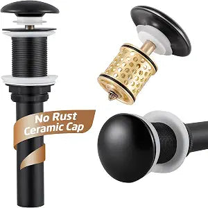 Ceramic Cap Bathroom Sink Drain No Overflow, KES Black Pop Up Drain Sink Drain Stopper with Strainer Basket All-Metal Body Matte Black, S2018D-CB