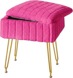 FUXA Vanity Stool Chair with Storage, Faux Fur and Metal Legs, Rose
