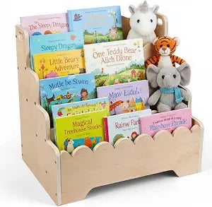 Montessori Kids Floor Bookshelf, 4-Tier Scalloped Toddler Wooden Bookcase
