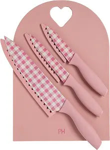 Paris Hilton Knife Set with Cutting Board, High Quality Stainless Steel Knives with Blade Guards, Gingham Print Blades, Ergonomic Handles, Double-Sided Cutting Board with Heart Handle, 4-Piece, Pink