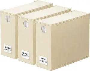 SpaceAid 3 Pack Bed Sheet Organizers and Storage, Foldable Linen Closet Organizer, Set Folder Keeper With Window XL (Queen & King Size) Bedding Container (Beige)
