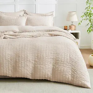 FUANNA Beige Duvet Cover Queen Size, 3-Piece Seersucker Duvet Cover Set