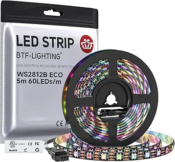 BTF-LIGHTING WS2812B ECO RGB LED Strip,UL Listed,Individually Addressable,16.4FT 60LED/m 300Pixel DC5V 5050SMD,Alloy Wire Flexible 3M Tape for DIY Chasing Color Project IP65(No Adapter or Controller)
